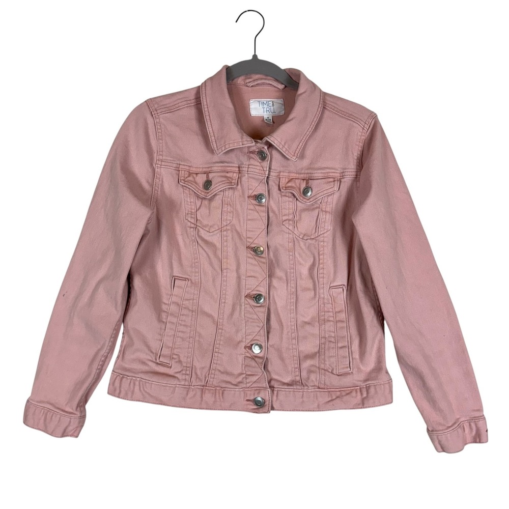 Time And Tru Jacket Womens M Pink Denim Jean Button Front Pockets Stretch Casual